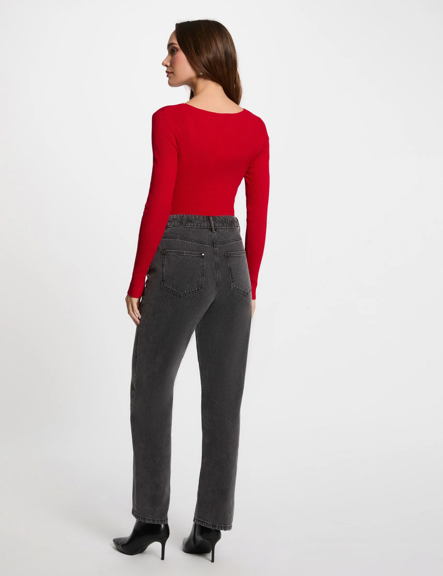 Long-sleeved ribbed jumper zipped detail red women