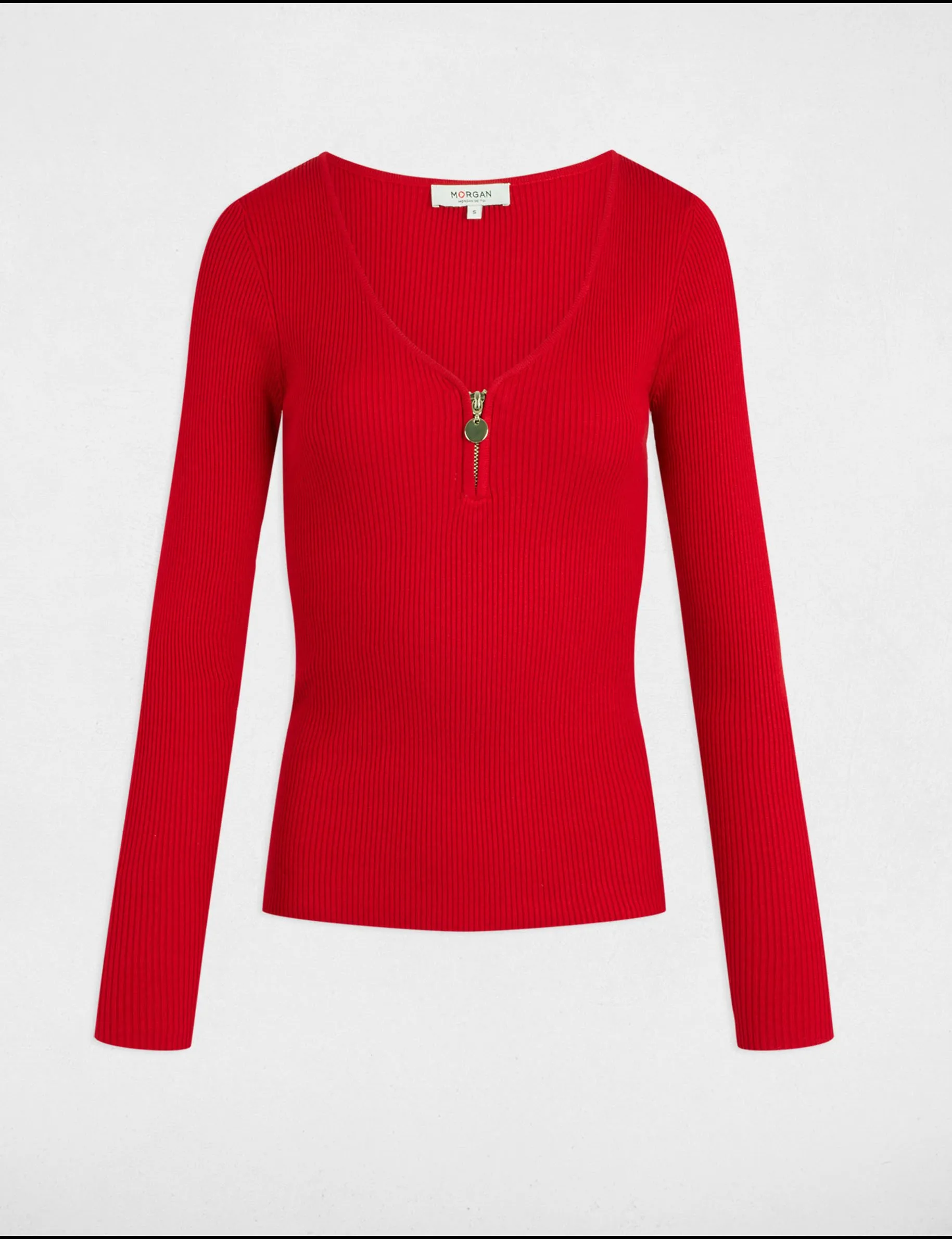 Long-sleeved ribbed jumper zipped detail red women