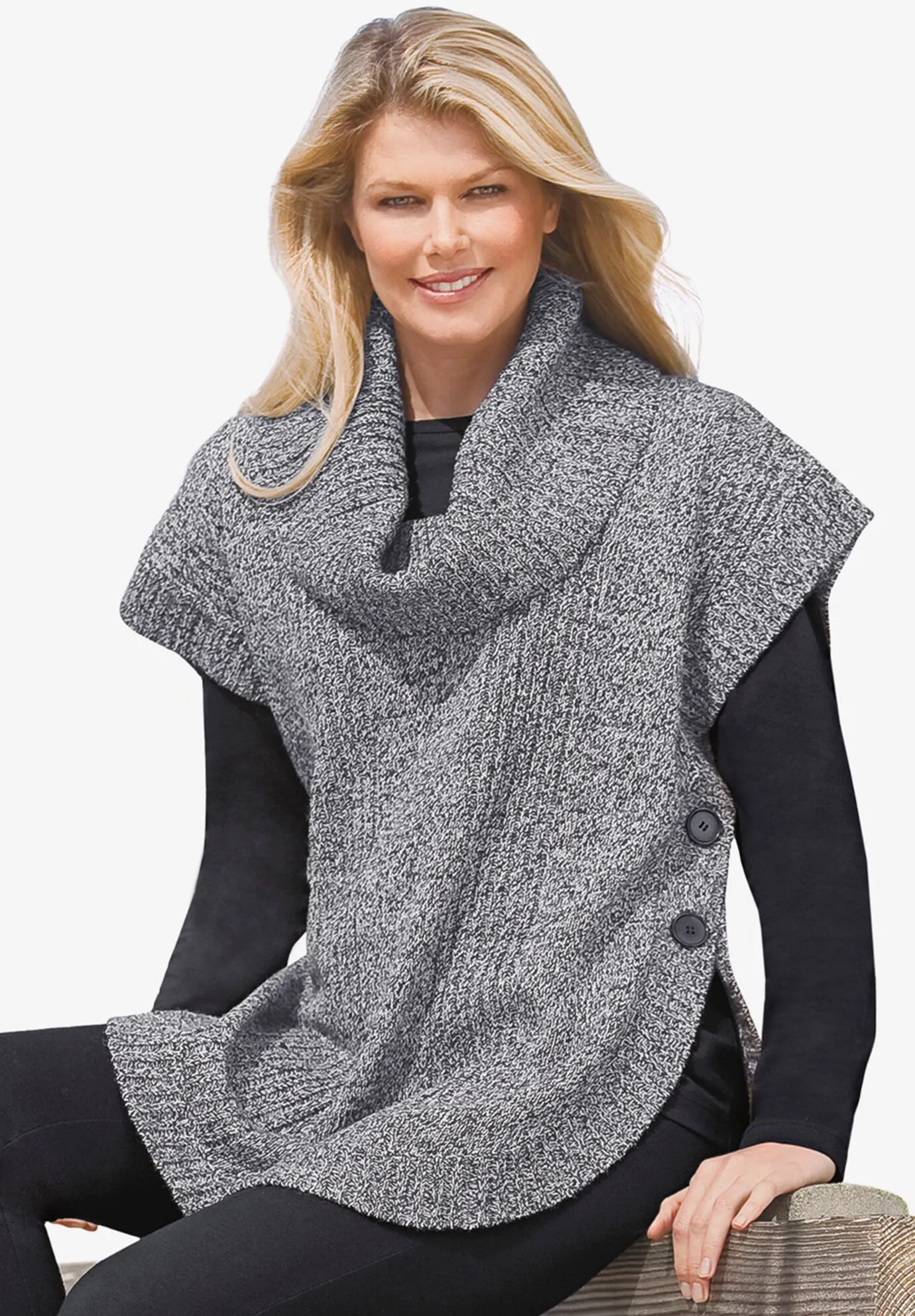 Marled Knit Cowl Neck Poncho