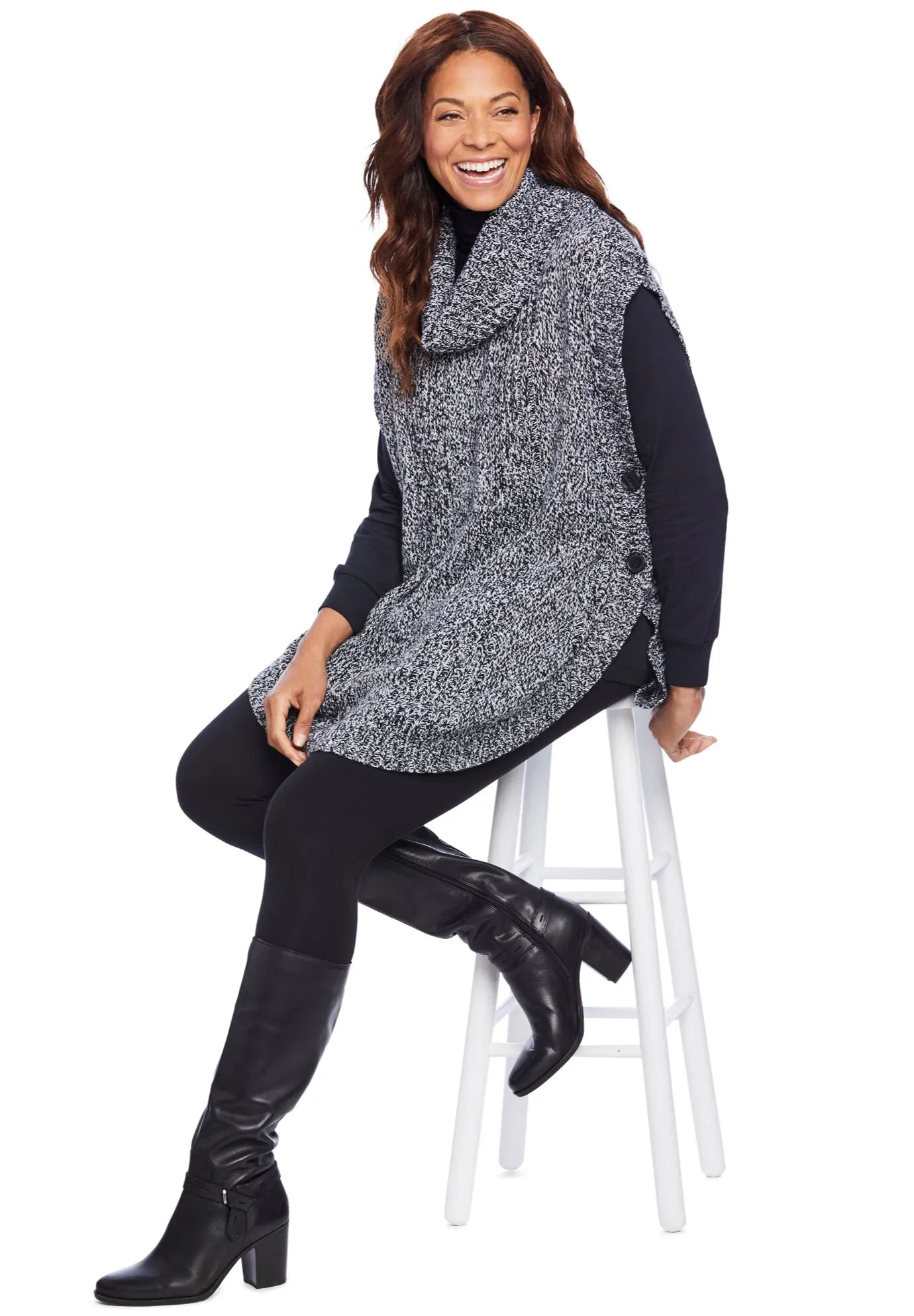 Marled Knit Cowl Neck Poncho