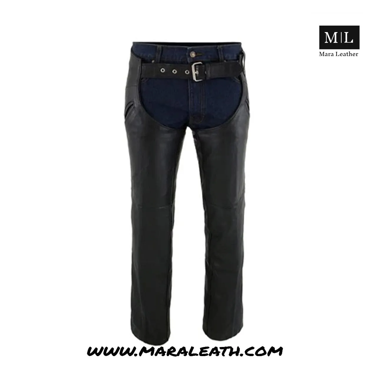 Men's Black Leather Chaps with Slash Pocket and Thermal Liner