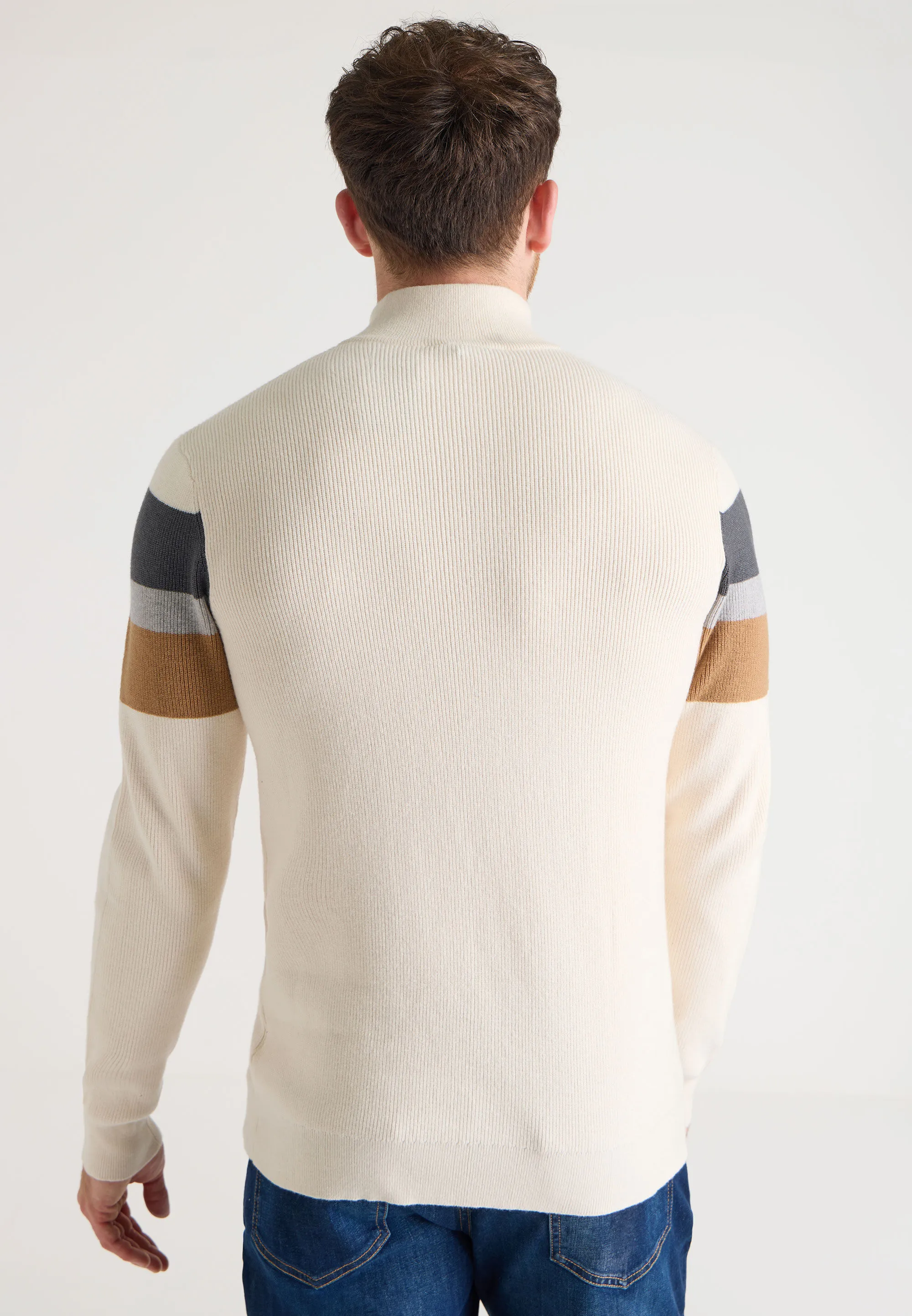 Mens Cream Quarter Zip Stripe Knit Jumper