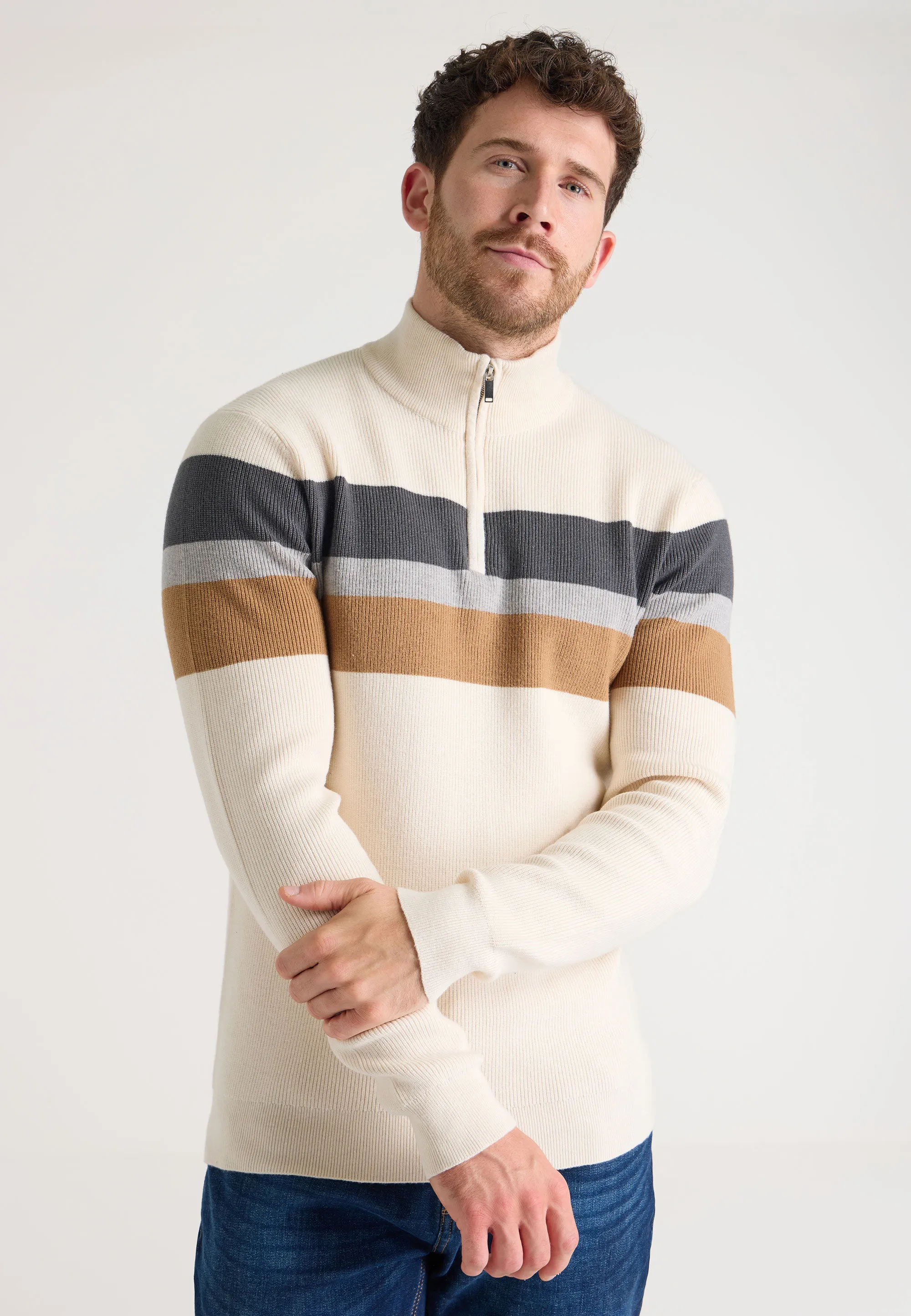 Mens Cream Quarter Zip Stripe Knit Jumper