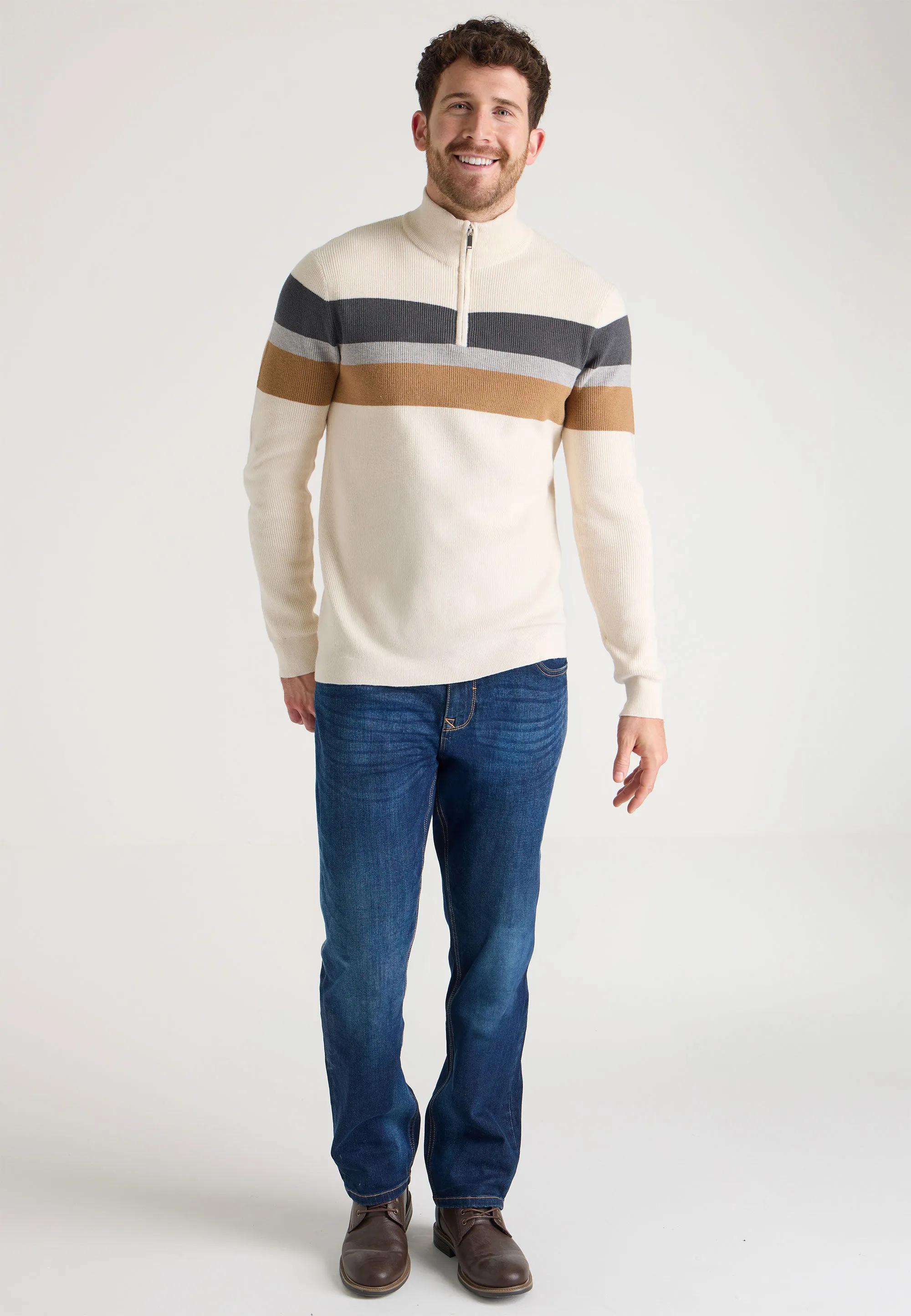 Mens Cream Quarter Zip Stripe Knit Jumper