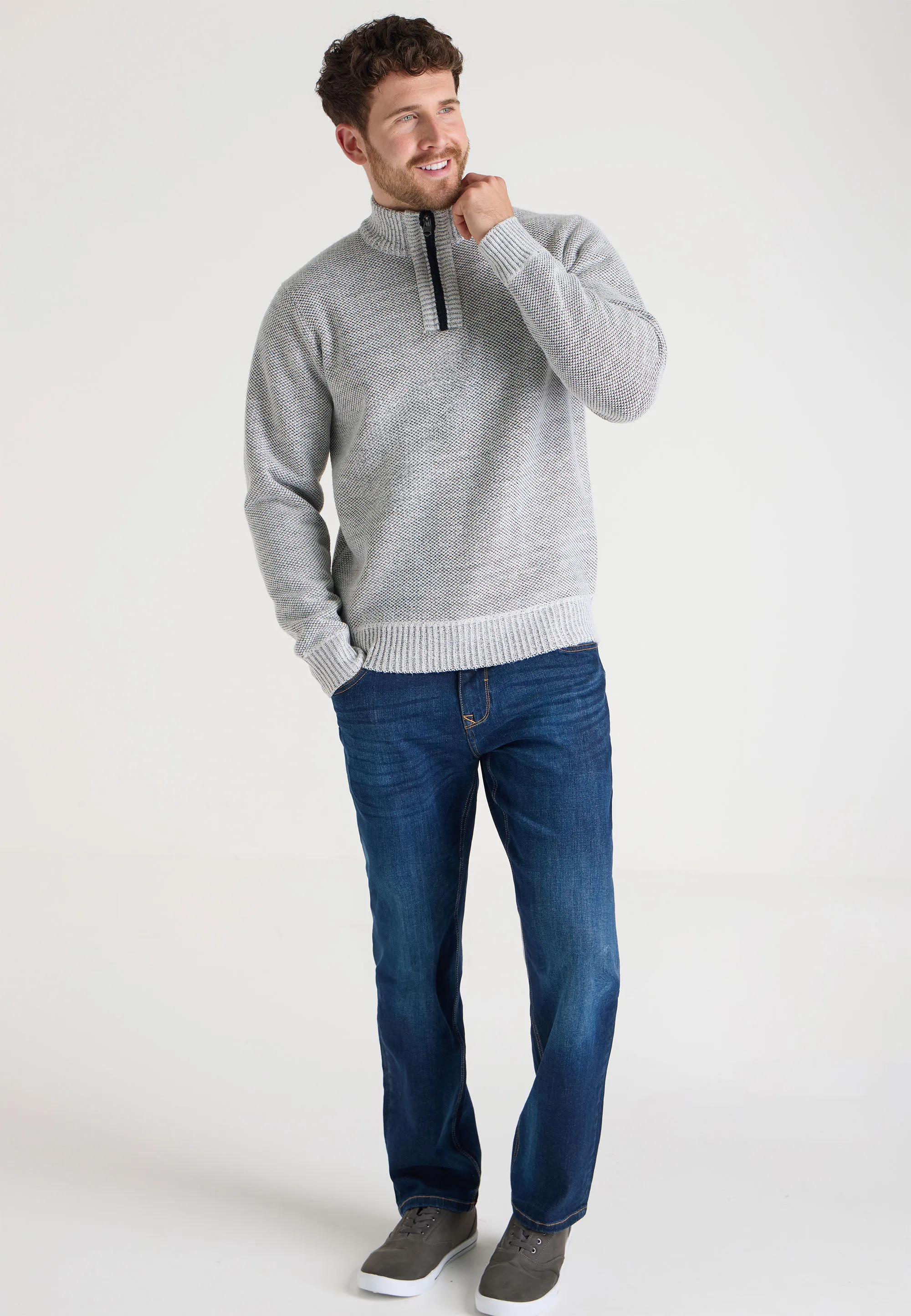 Mens White Quarter Zip Knit Jumper