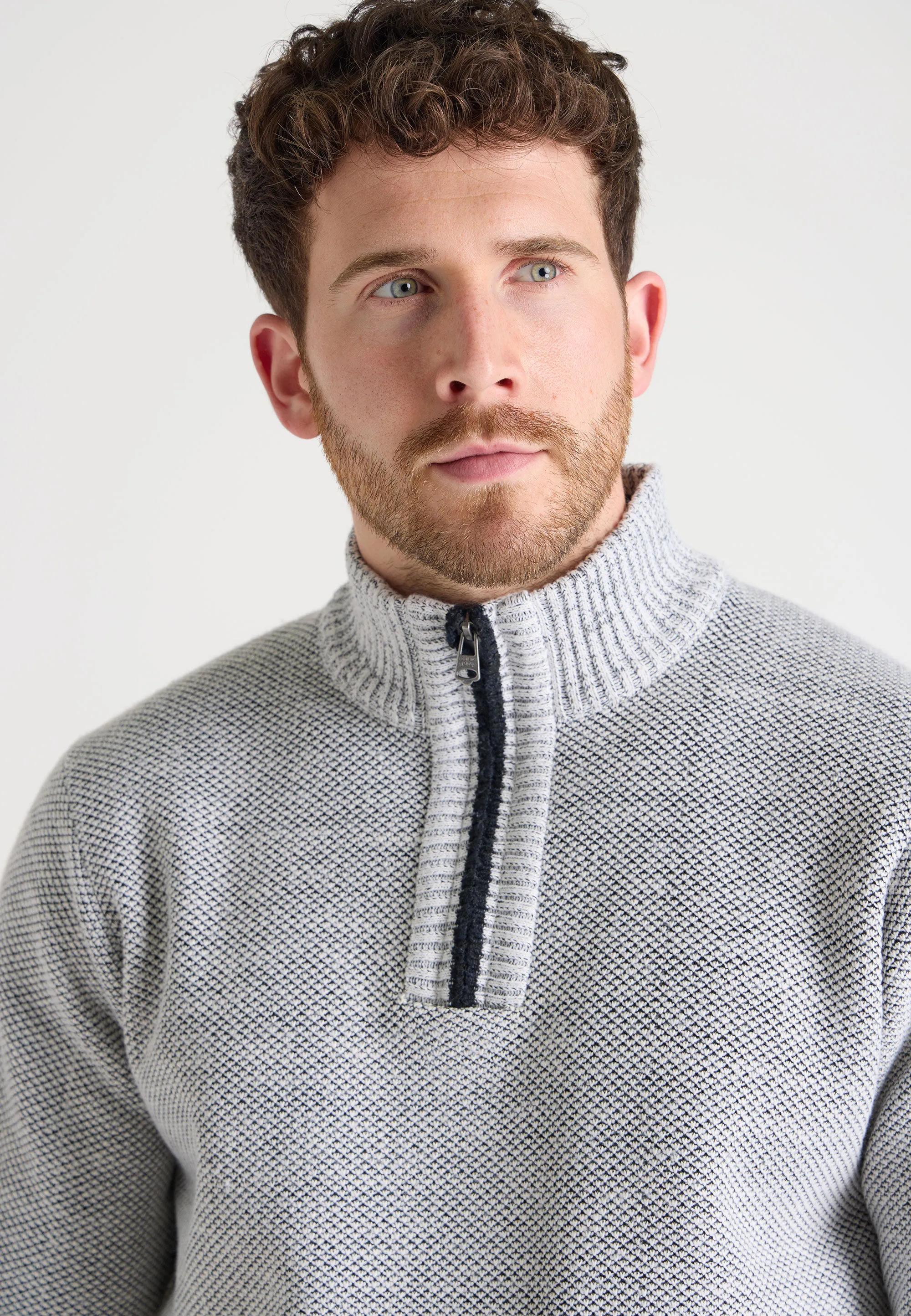 Mens White Quarter Zip Knit Jumper