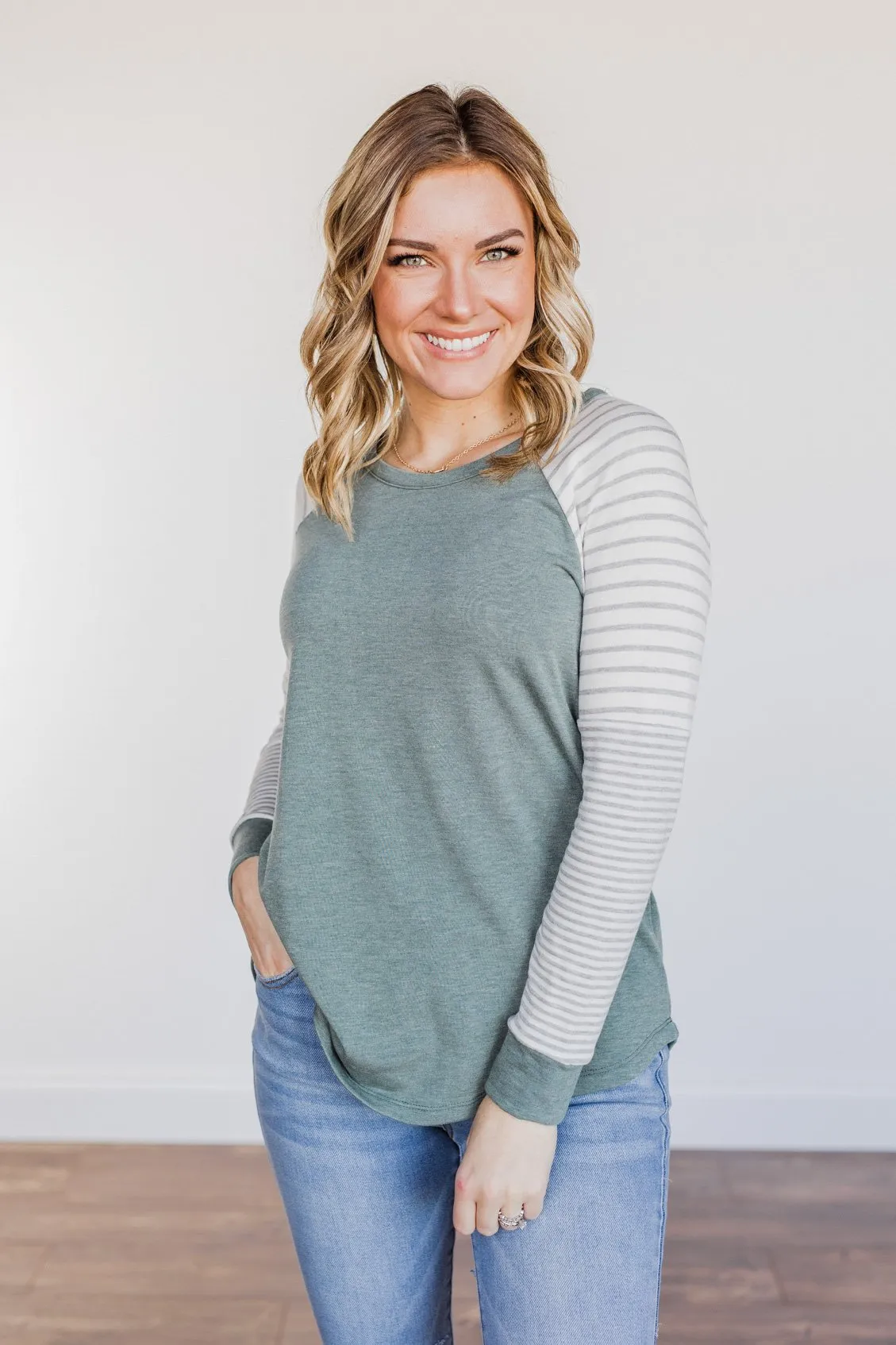 On My Wish List Striped Raglan Top- Olive