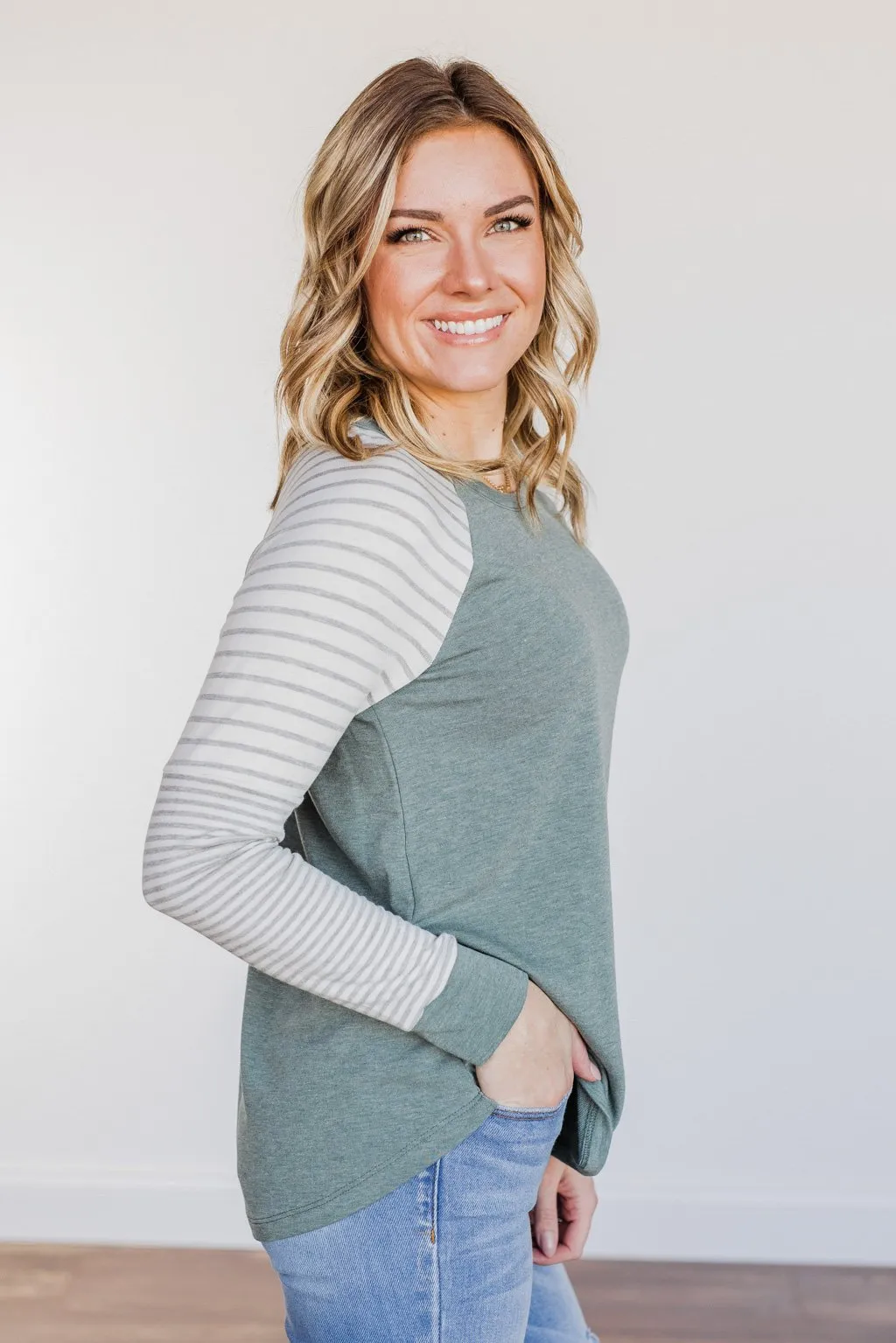 On My Wish List Striped Raglan Top- Olive