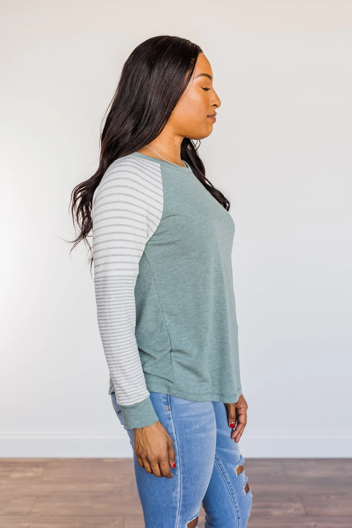 On My Wish List Striped Raglan Top- Olive