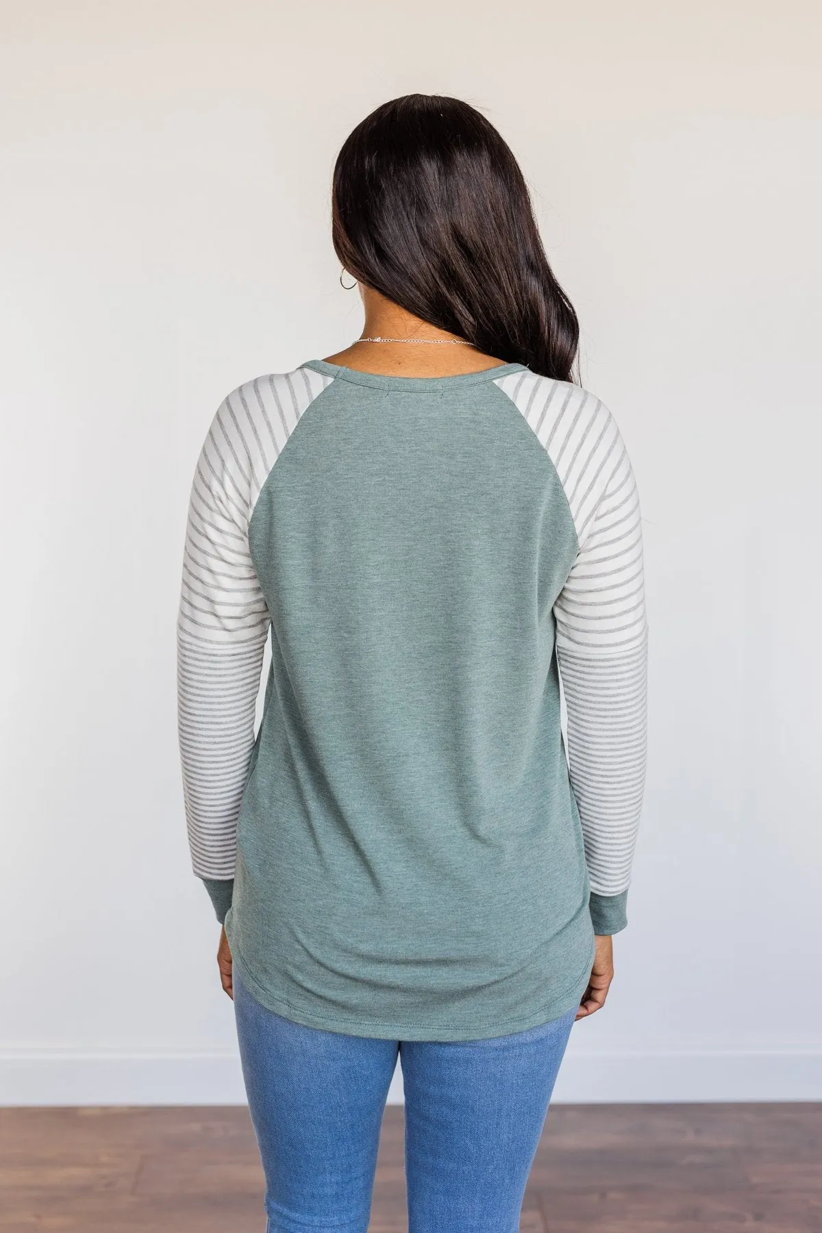 On My Wish List Striped Raglan Top- Olive