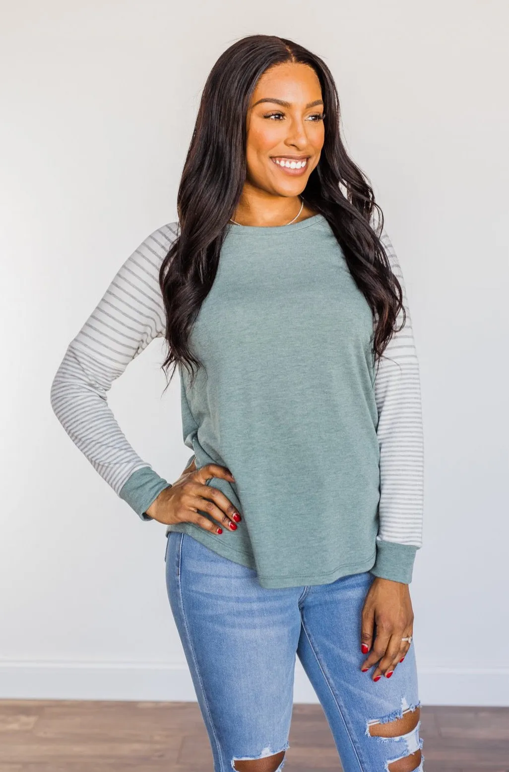 On My Wish List Striped Raglan Top- Olive