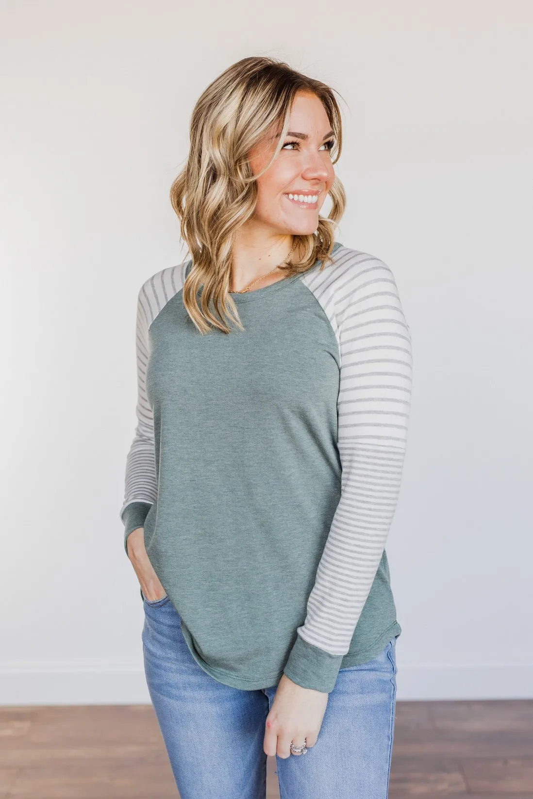 On My Wish List Striped Raglan Top- Olive