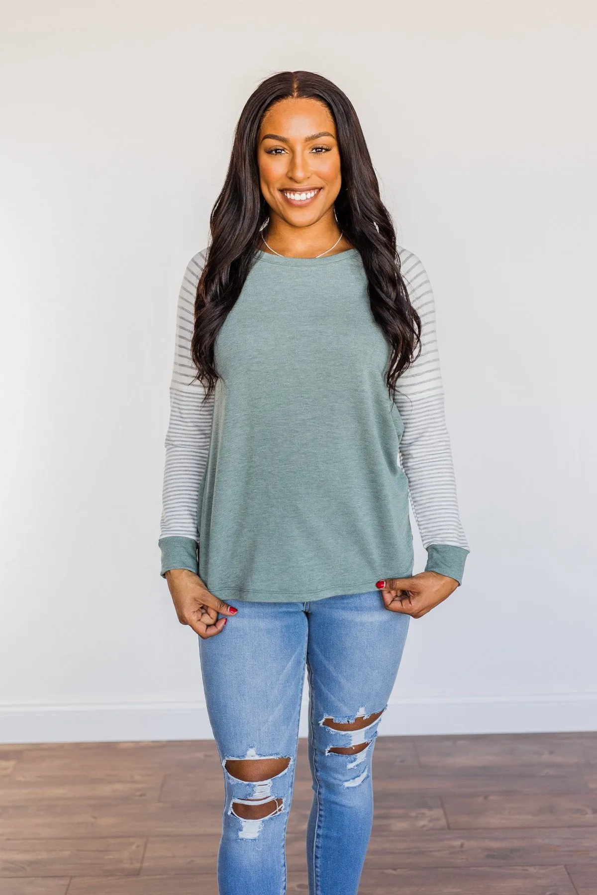 On My Wish List Striped Raglan Top- Olive