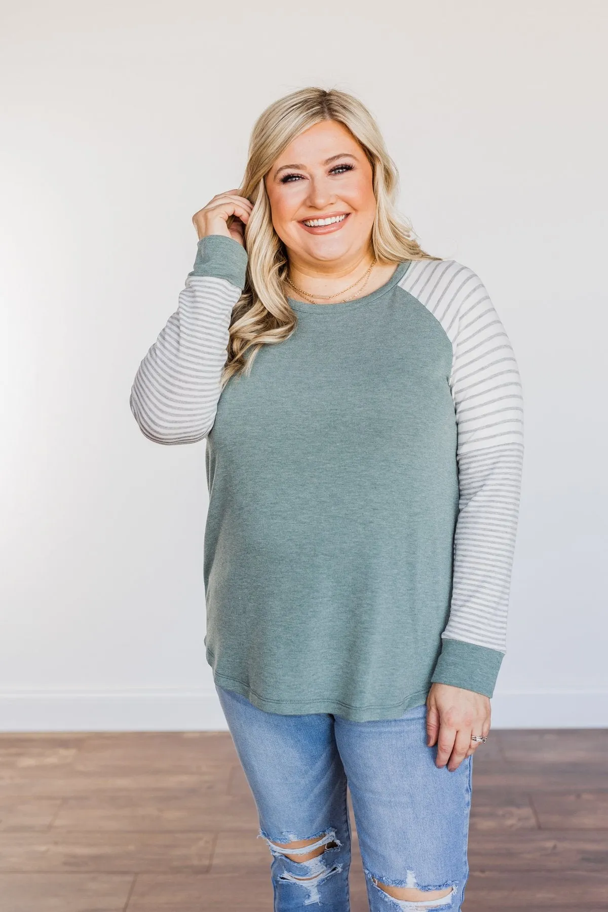 On My Wish List Striped Raglan Top- Olive