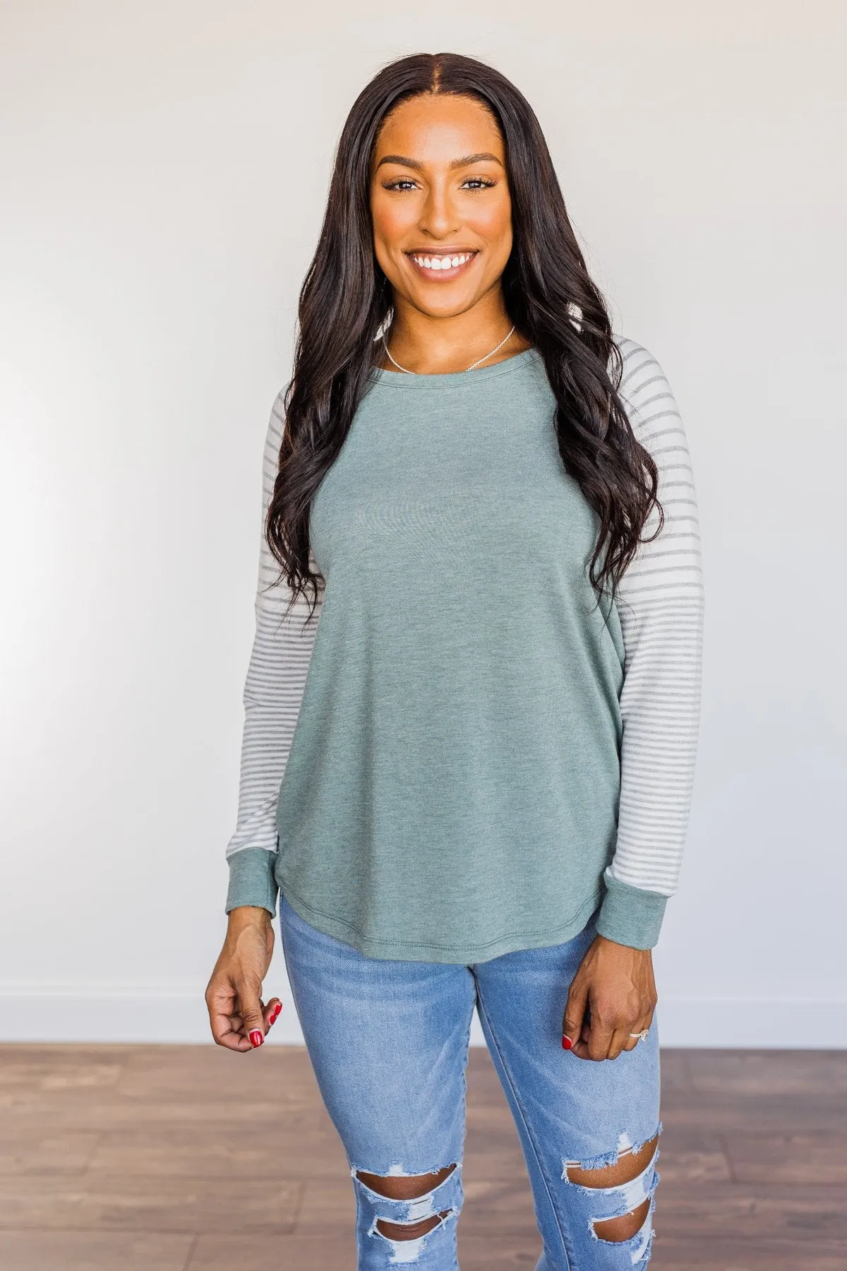 On My Wish List Striped Raglan Top- Olive