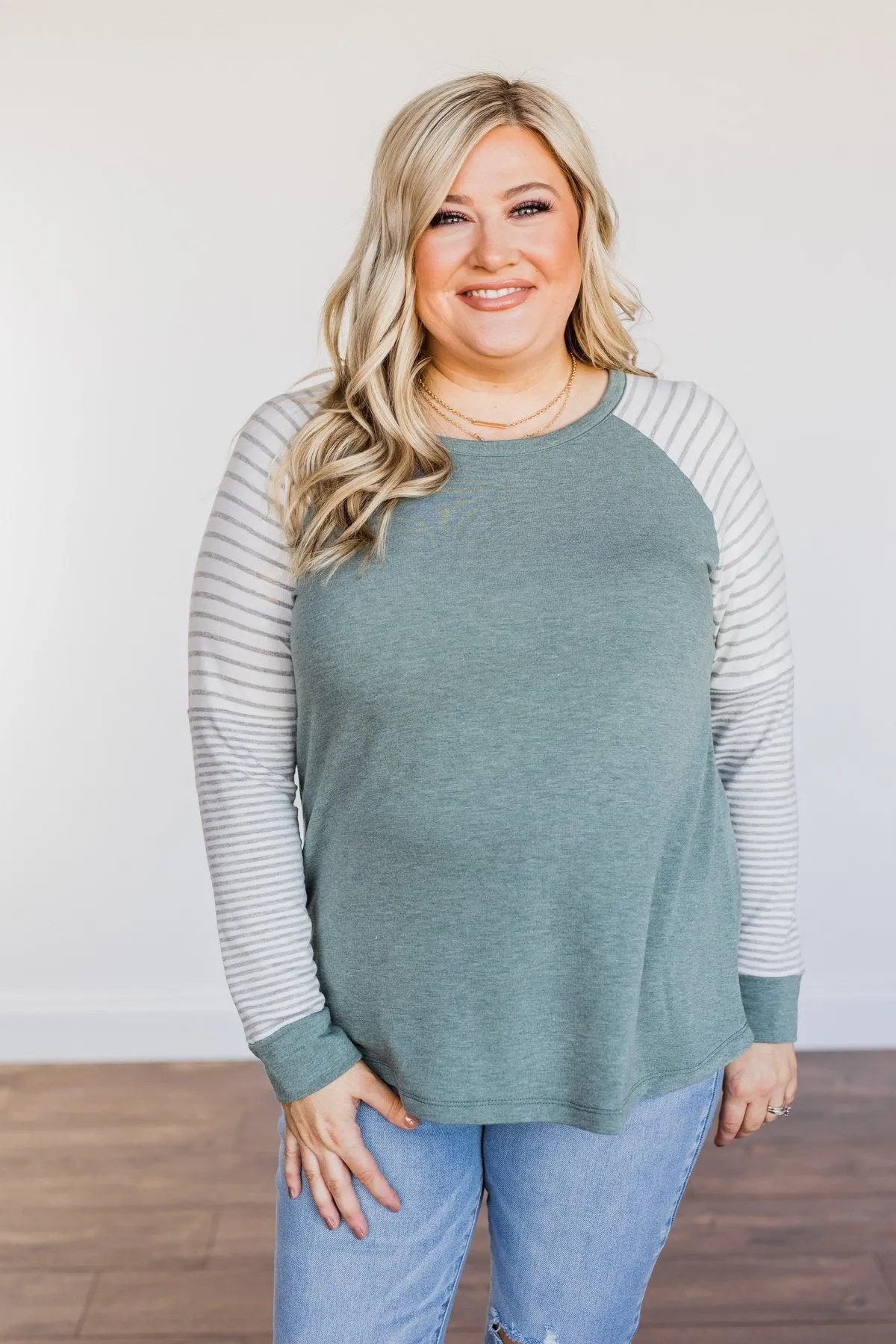 On My Wish List Striped Raglan Top- Olive