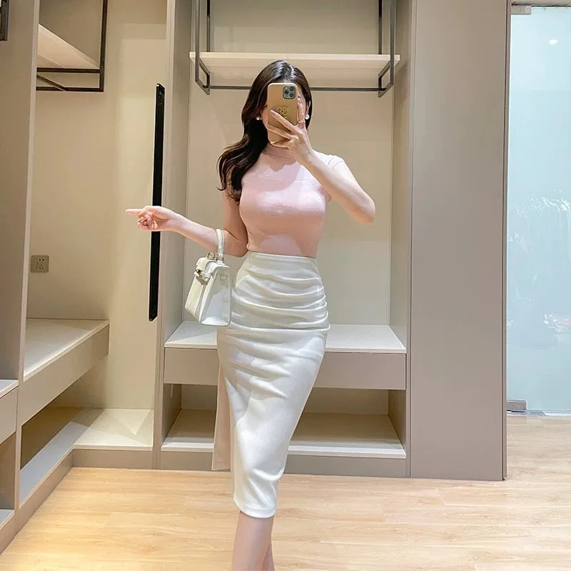 Pink gentle wind mesh splicing knitted top for women summer new style temperament half turtleneck sleeveless slim bottoming shir