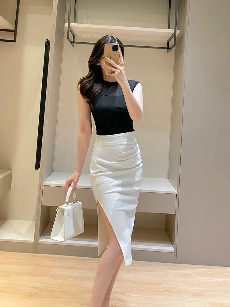 Pink gentle wind mesh splicing knitted top for women summer new style temperament half turtleneck sleeveless slim bottoming shir