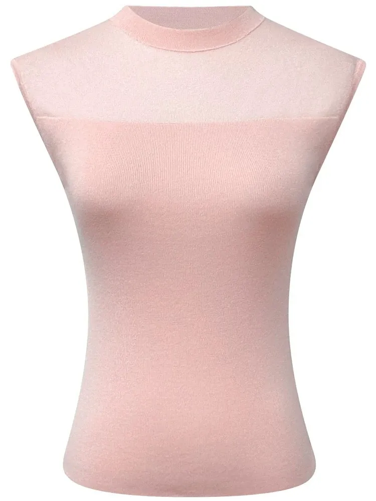 Pink gentle wind mesh splicing knitted top for women summer new style temperament half turtleneck sleeveless slim bottoming shir