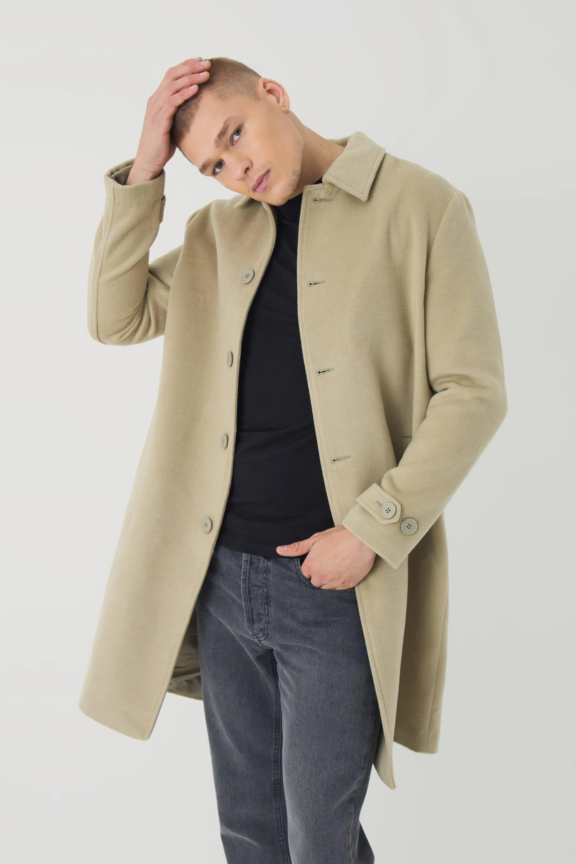 Plain Collared Overcoat In Sage