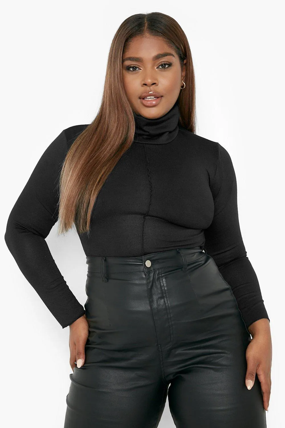 Plus Knitted Seam Front Turtleneck Top