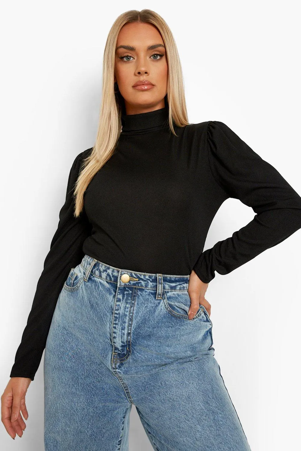 Plus Puff Sleeve Rib Turtleneck Top