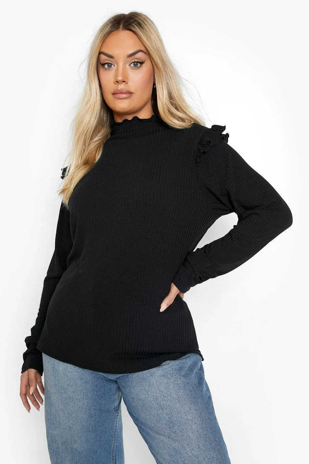 Plus Rib Ruffle Shoulder Turtleneck Top