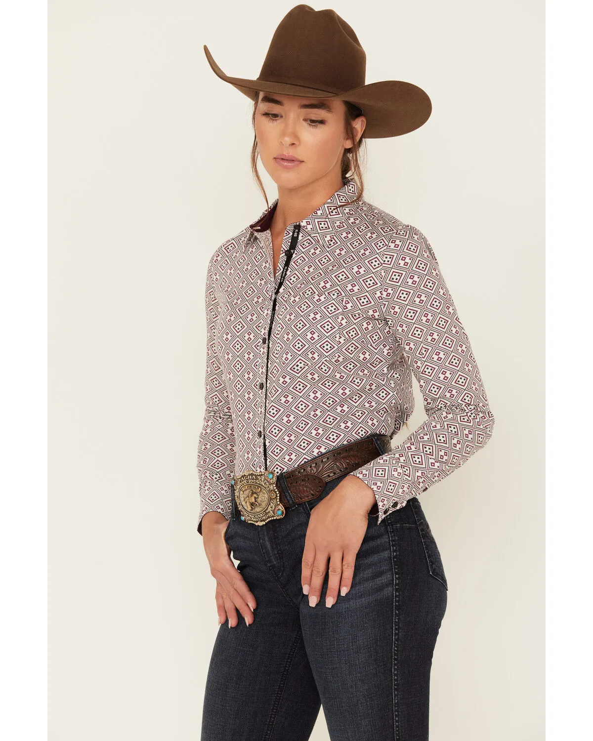 Product Name:  RANK 45® Women's Geo Print Long Sleeve Button-Down Stretch Riding Shirt