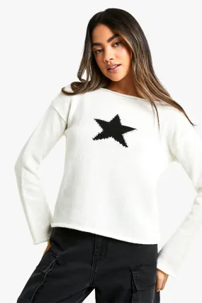 Raw Edge Knit Star Detail Varsity Jumper