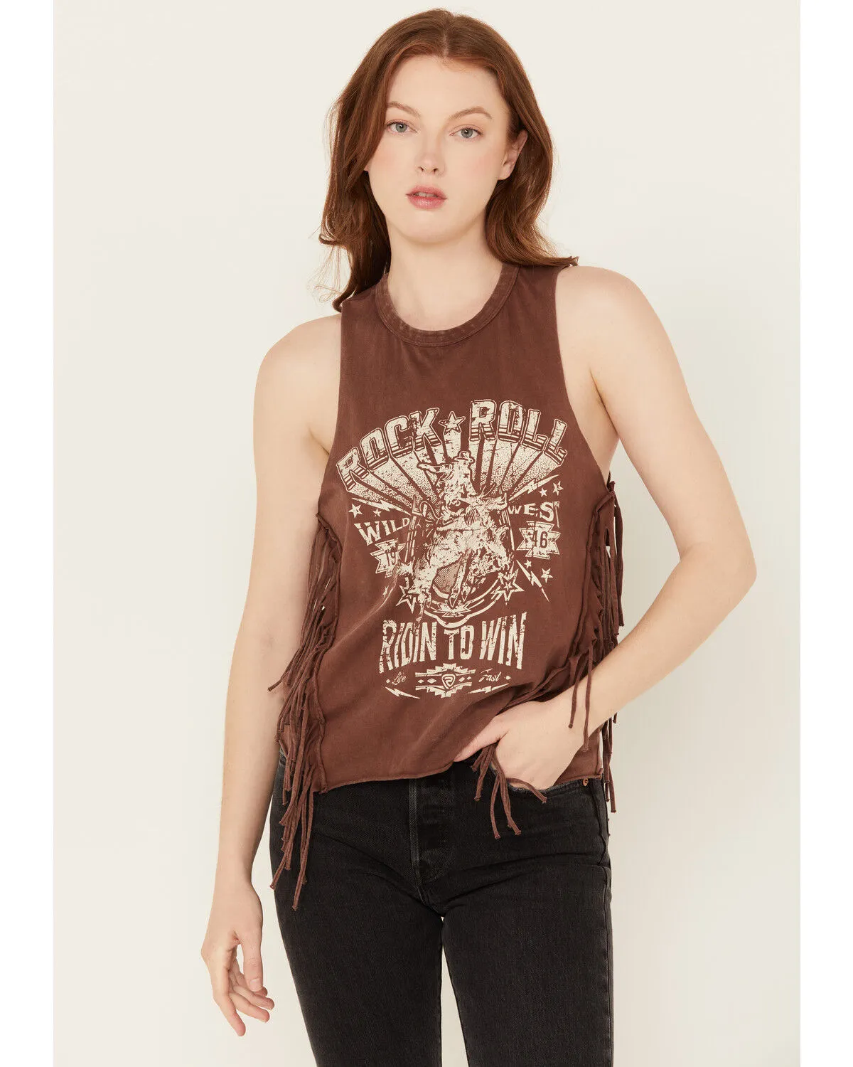 Rock & Roll Denim Women's Riding to Win Fringe Graphic Sleeveless Tank