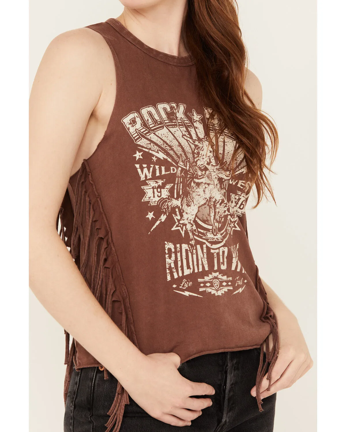 Rock & Roll Denim Women's Riding to Win Fringe Graphic Sleeveless Tank