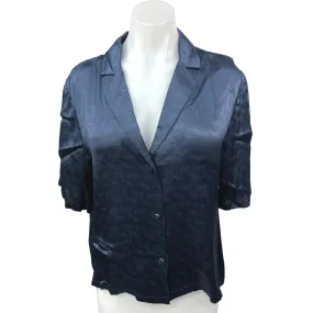 Scotch & Soda Blue Silk Satin Button Collar Short Puff Sleeve Blouse Shirt Top M