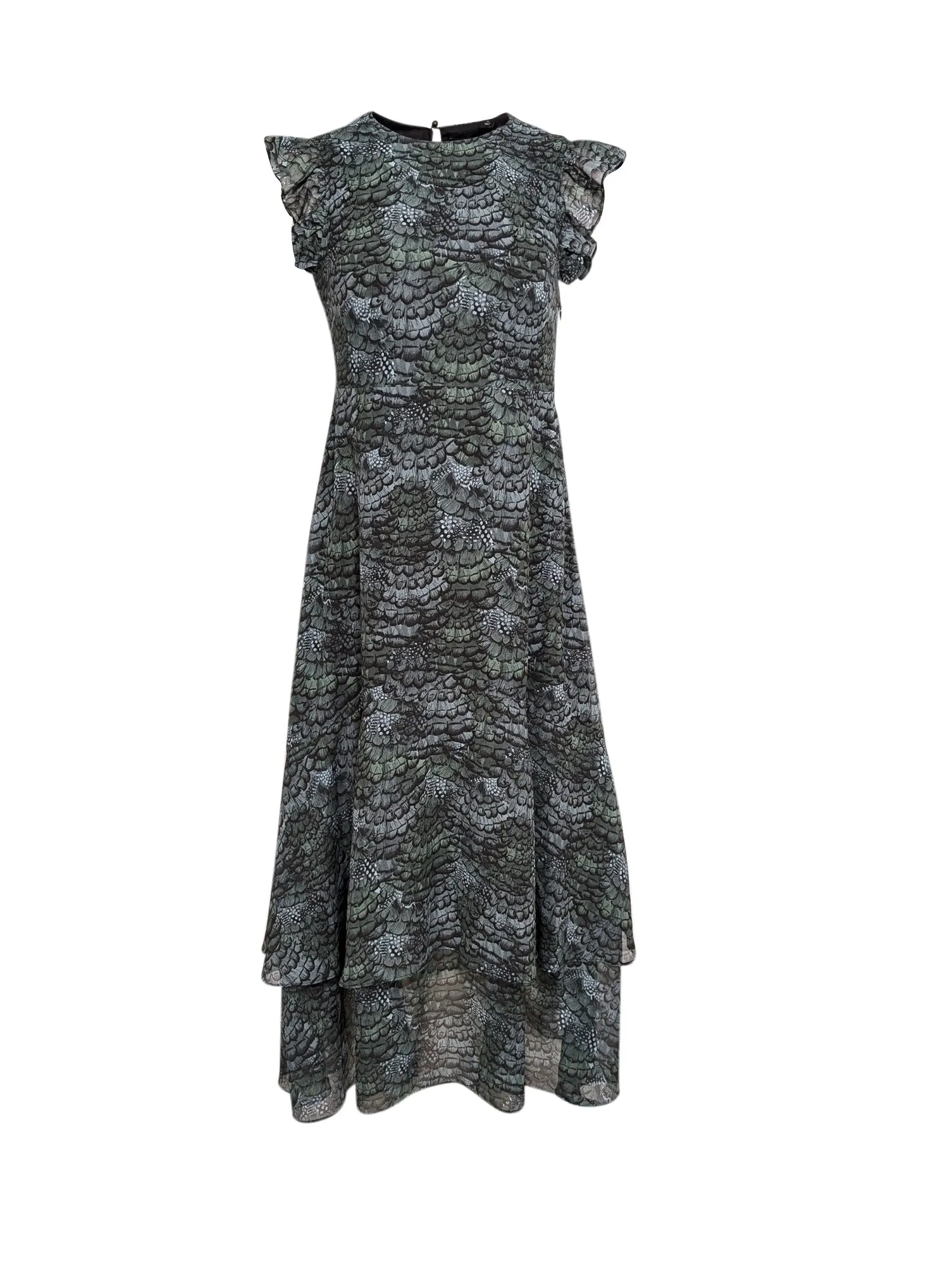 Scotch & Soda - Dark Green, Teal, & Black Feather Print Sleeveless Midi Dress Sz 4