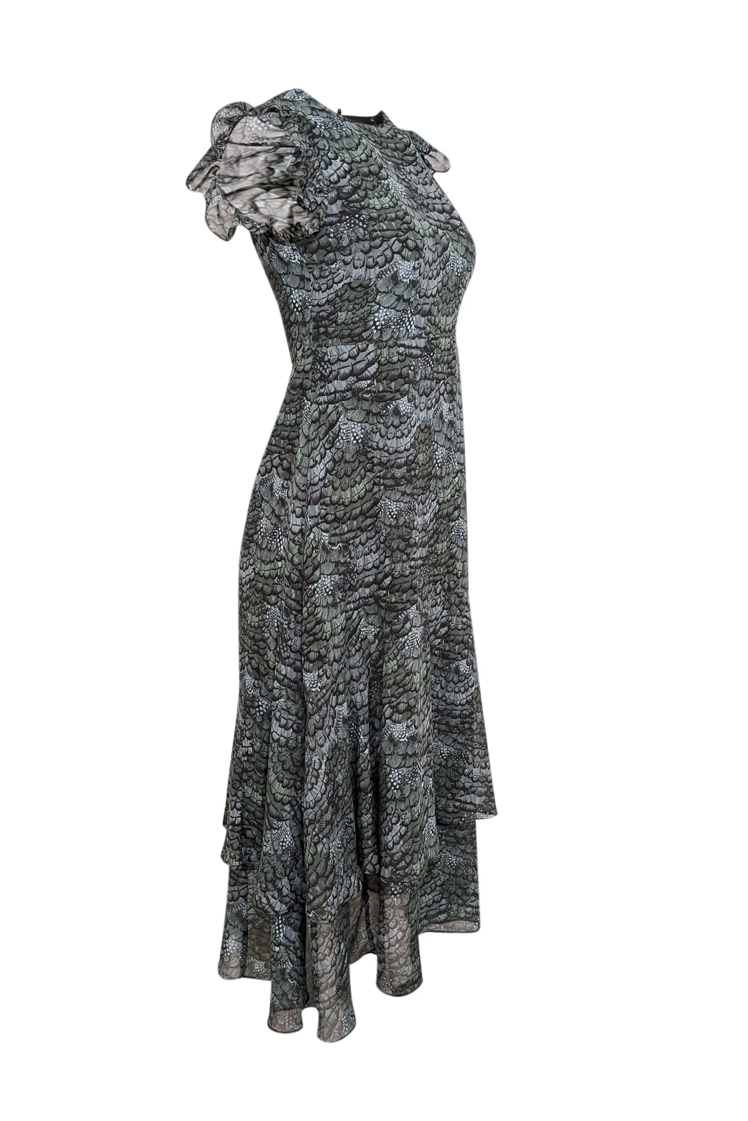 Scotch & Soda - Dark Green, Teal, & Black Feather Print Sleeveless Midi Dress Sz 4