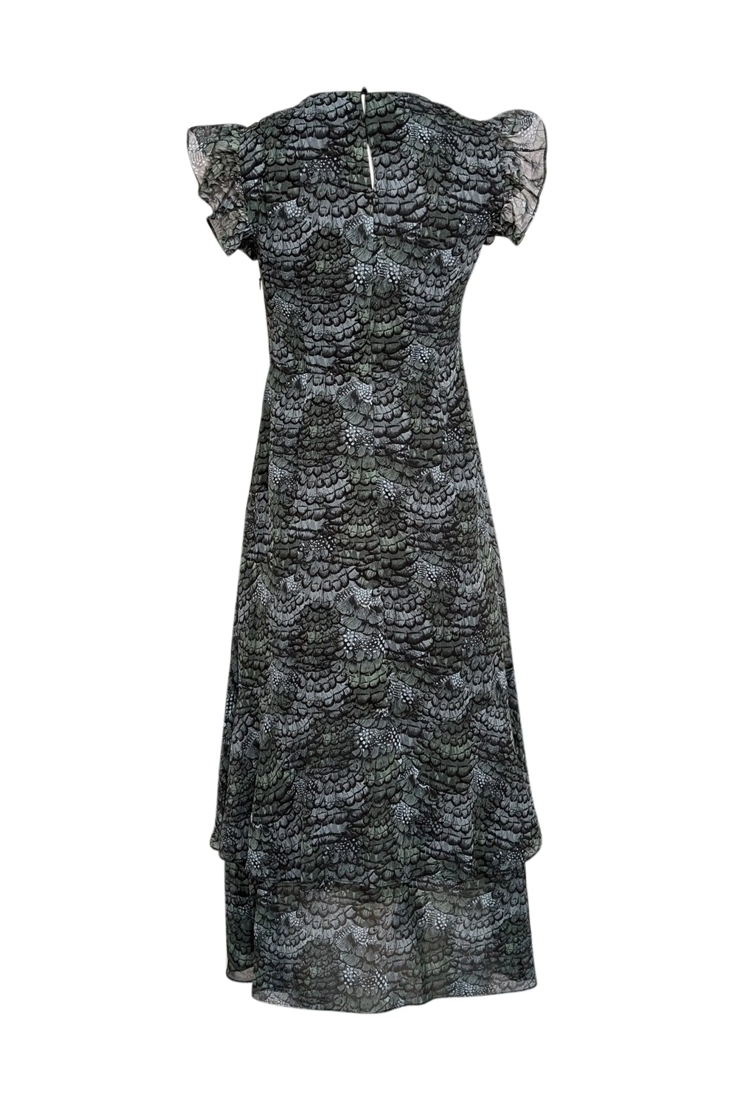 Scotch & Soda - Dark Green, Teal, & Black Feather Print Sleeveless Midi Dress Sz 4