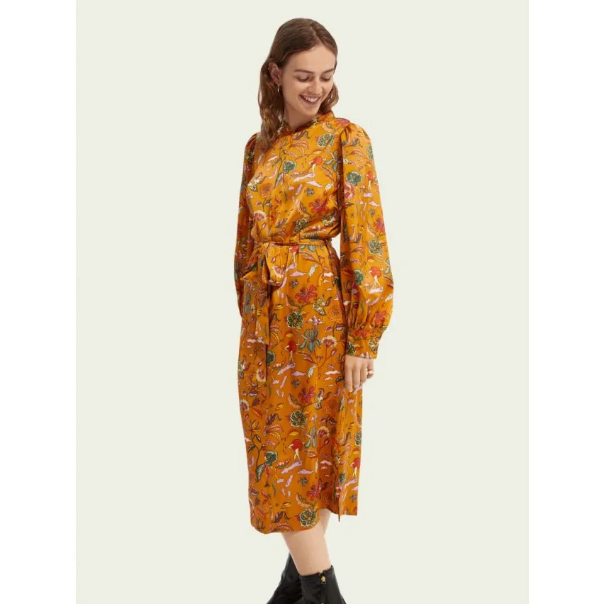 Scotch & Soda Printed Midi Length Dress Mustard Floral with Tie