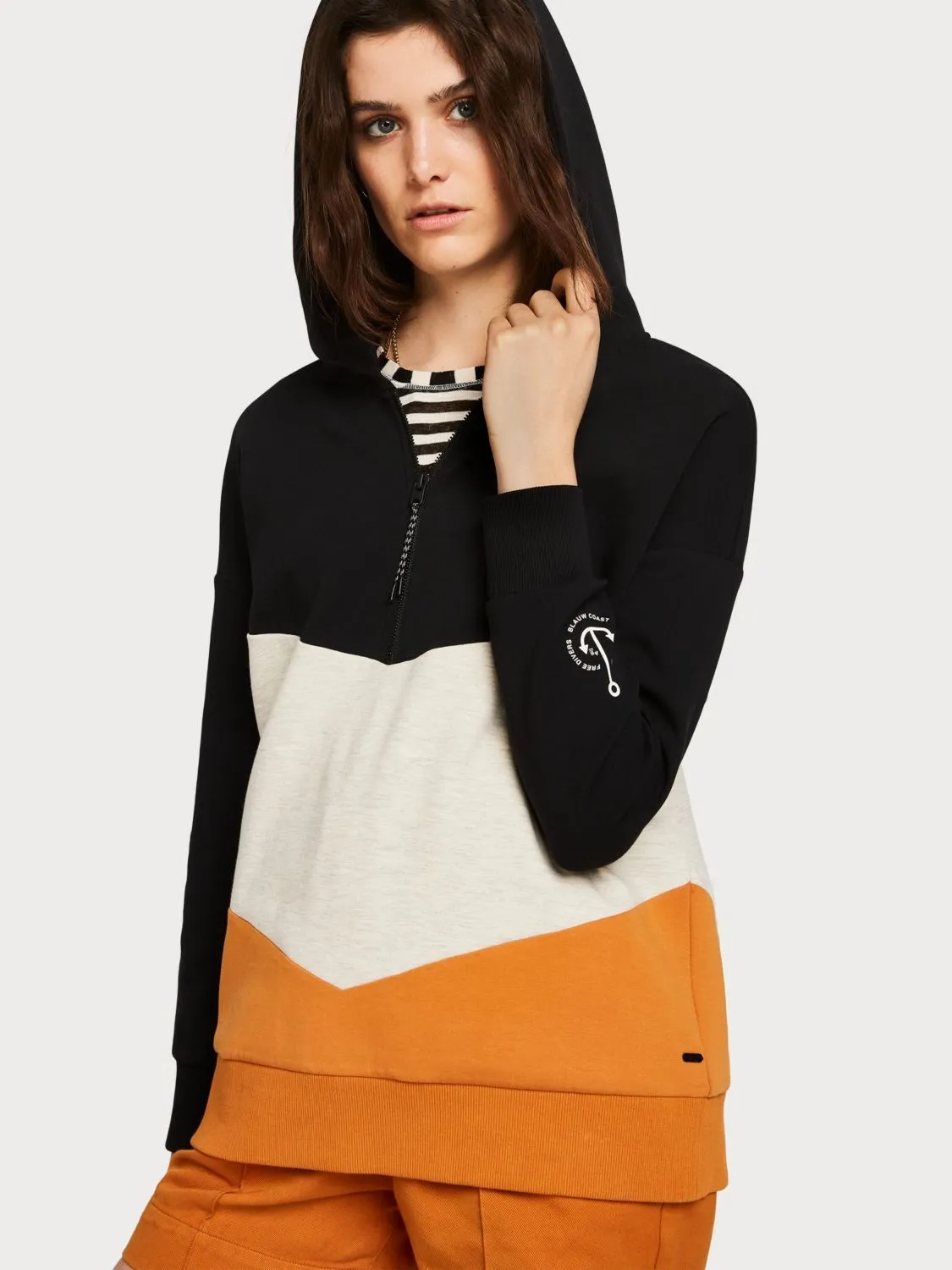 Scotch & Soda Womens Colour Block Hooded Sweatshirt, Black/Cream/Yellow