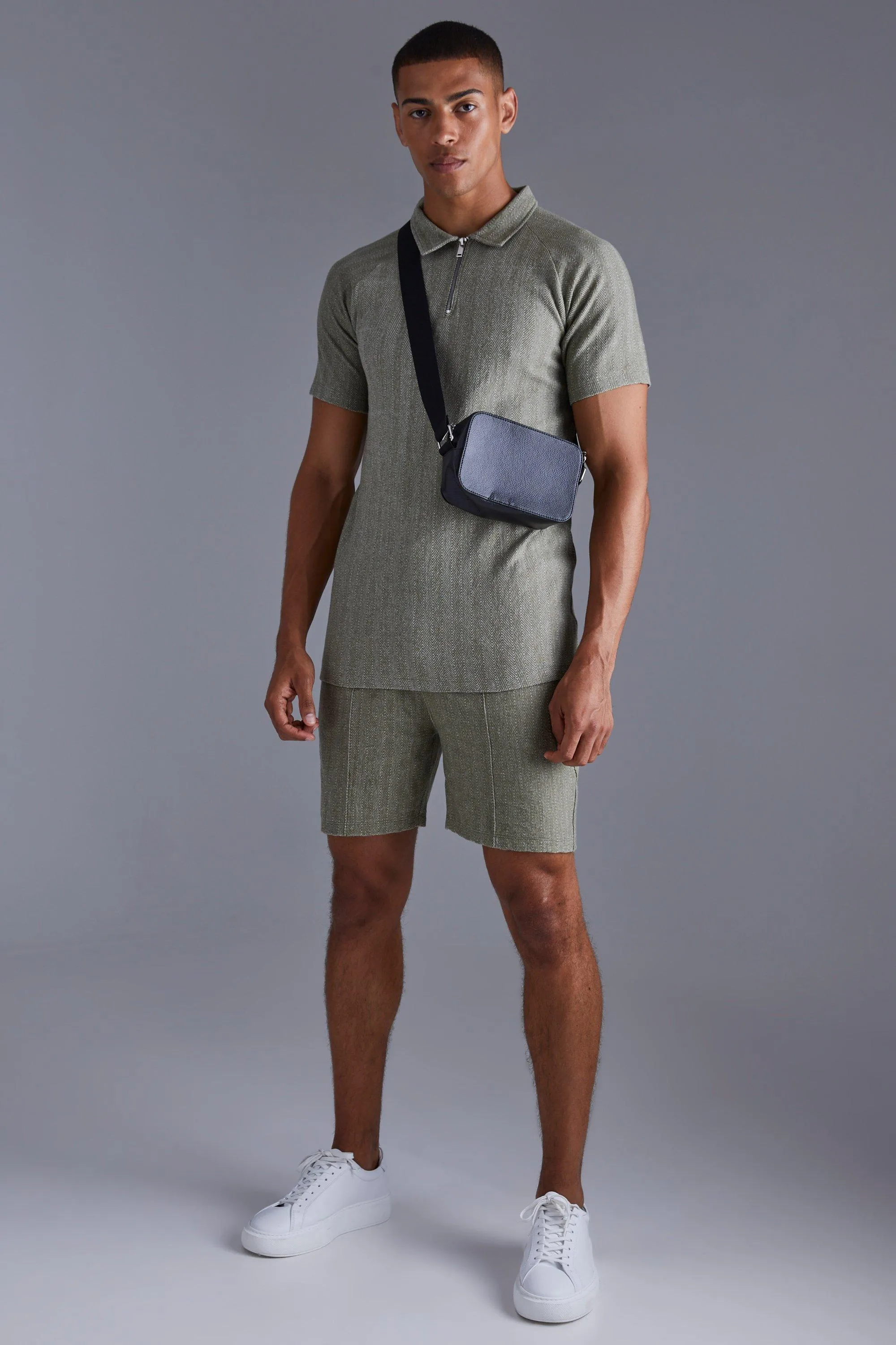 Slim Jacquard Raglan Zip Polo Short Set