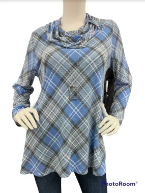 SOUTHERN LADY LONG SLEEVE PLAID KNIT COWLNECK TOP