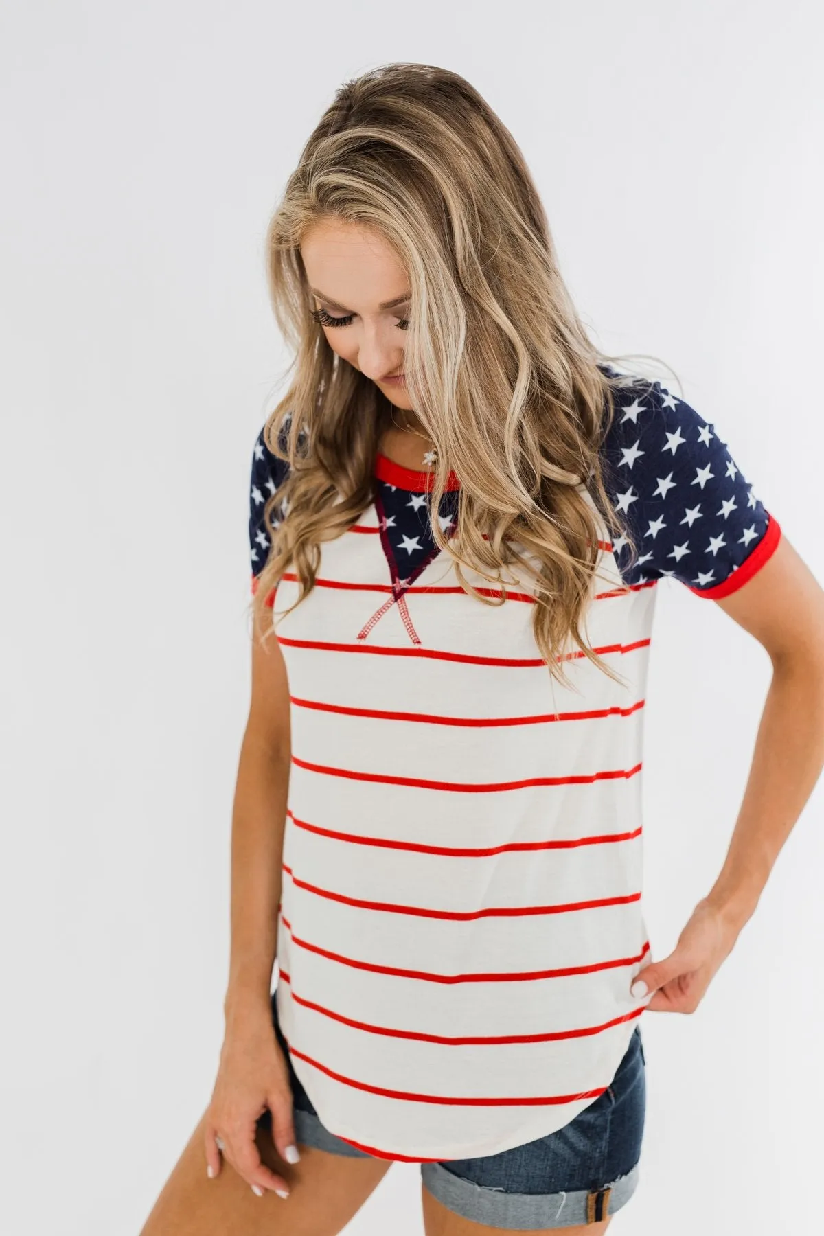 Stars & Stripes Short Sleeve Raglan Top- Red, Ivory, & Navy