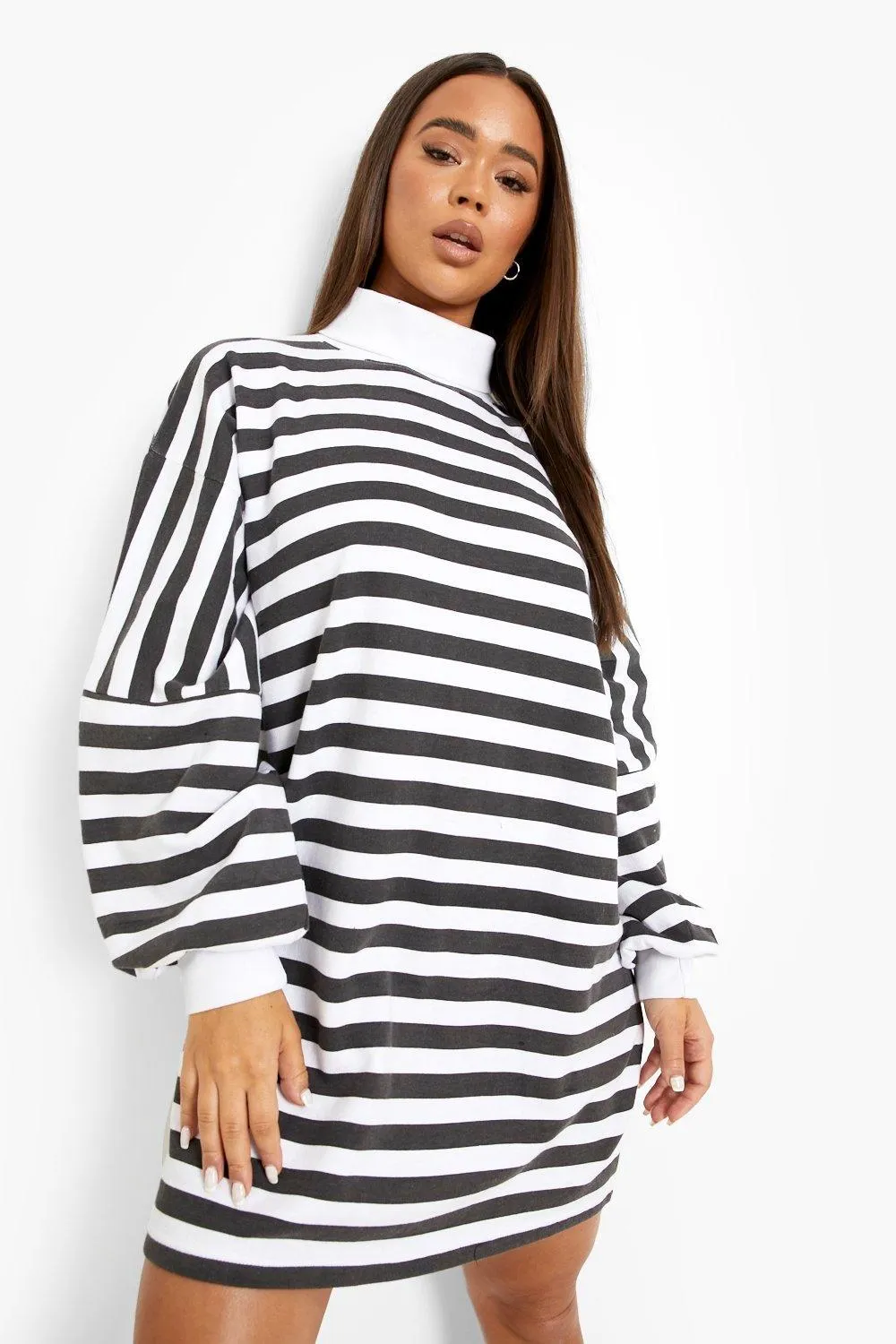 Stripe Oversized Turtleneck Sweat Dress