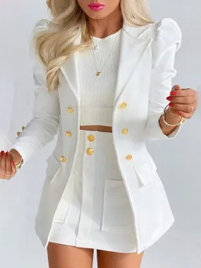 Two Piece Sets White Turndown Collar Buttons Casual Overcoat Long Sleeves Outfit For Women