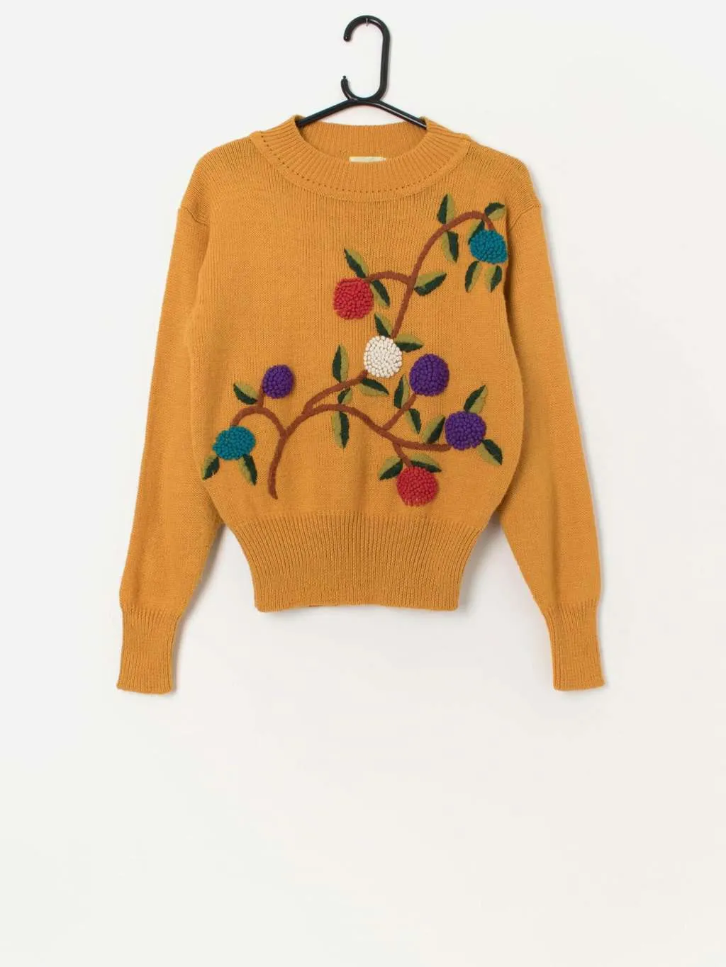 Vintage embroidered mustard yellow jumper, floral design  – Small / Medium