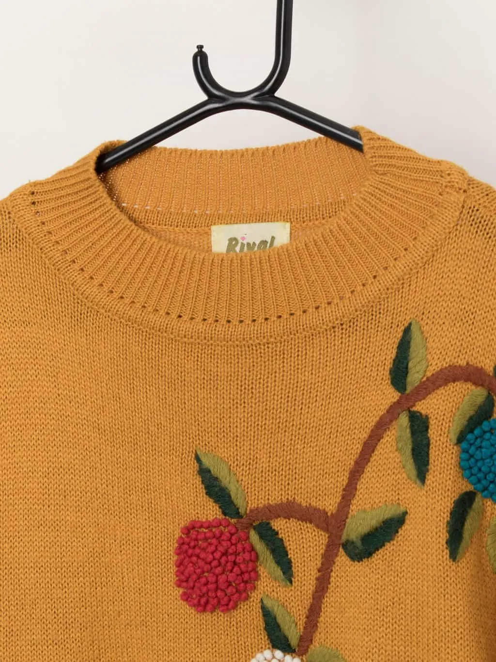 Vintage embroidered mustard yellow jumper, floral design  – Small / Medium