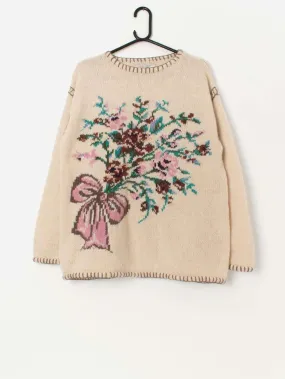 Vintage Laura Ashley knitted wool jumper with large bouquet design – Medium