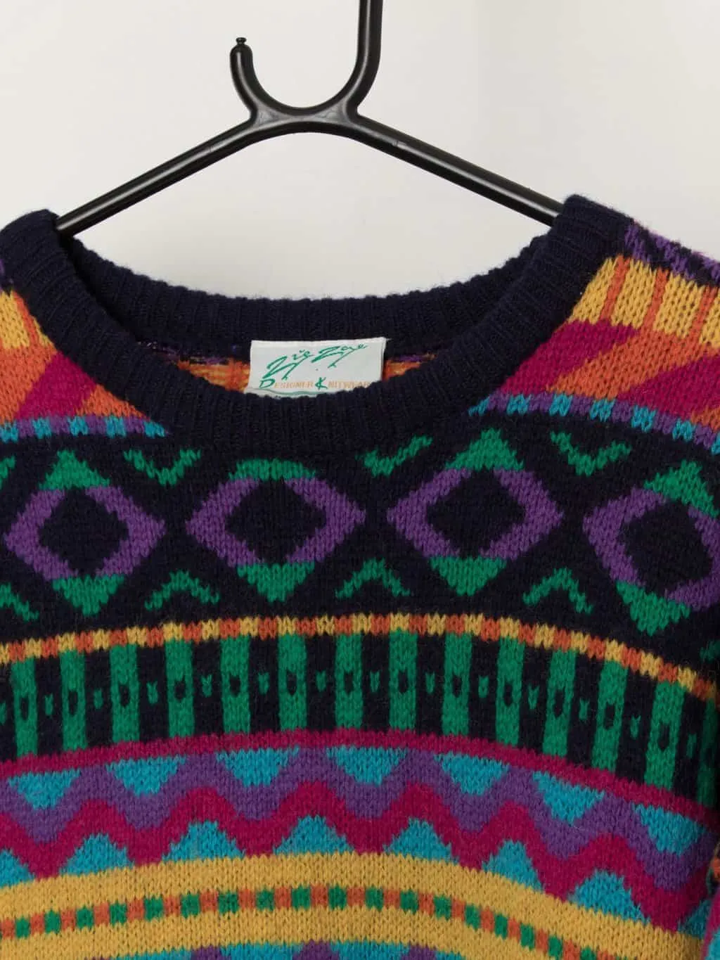 Vintage Zig Zag multi-coloured wool jumper, made in Scotland – Medium