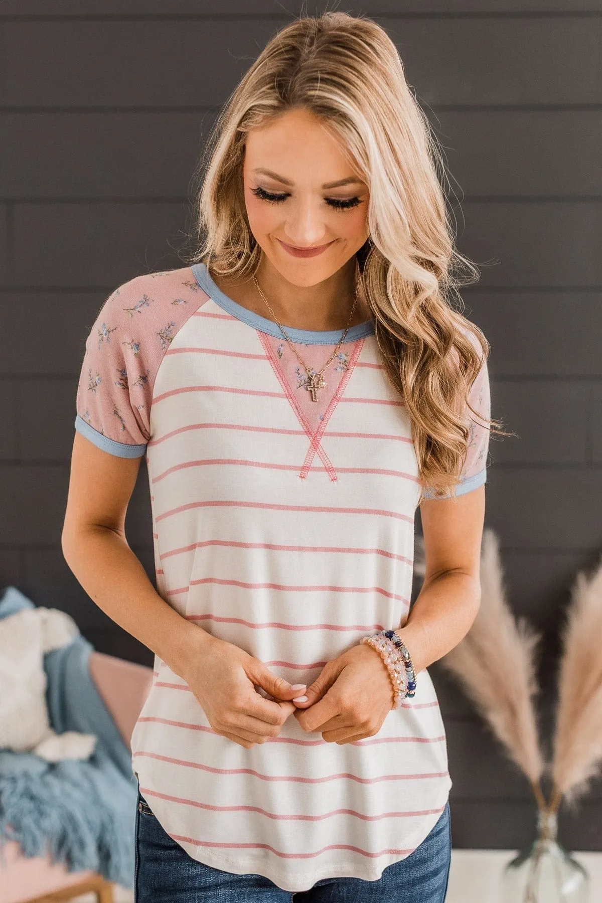 Win You Over Short Sleeve Raglan Top- Ivory & Pink