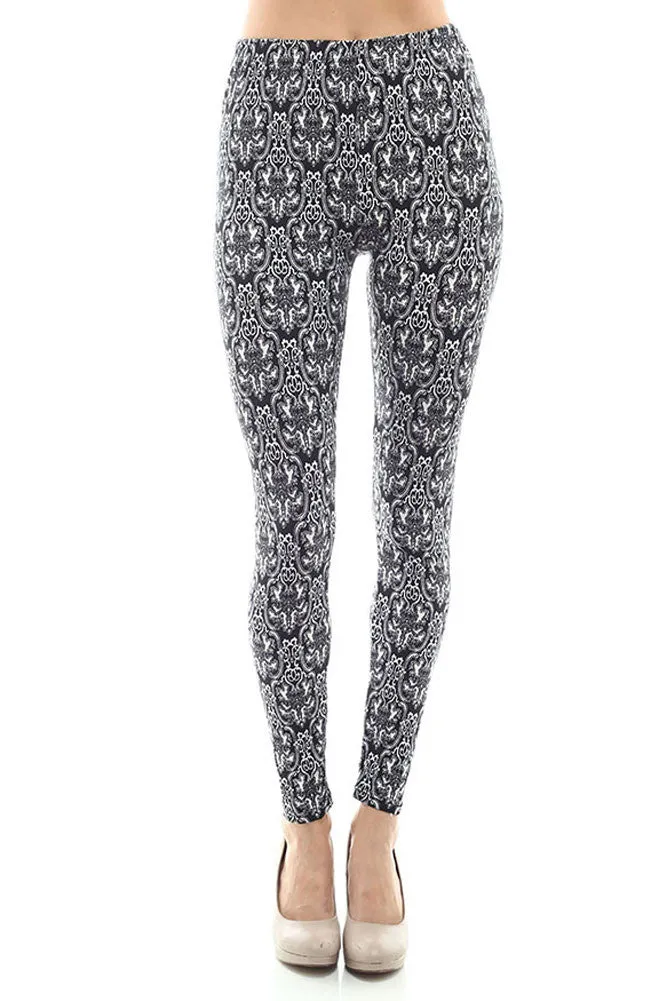 Women's Regular Brocade Pattern Print Leggings - Black White