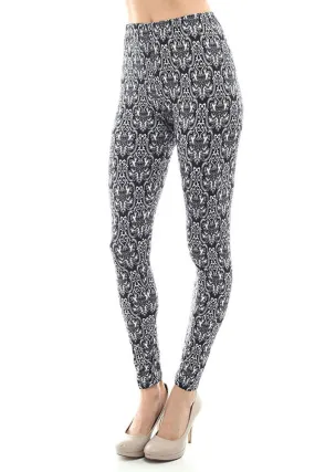 Women's Regular Brocade Pattern Print Leggings - Black White