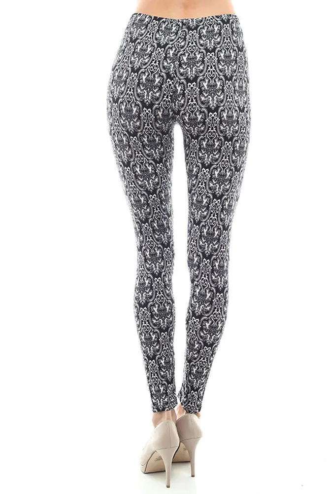 Women's Regular Brocade Pattern Print Leggings - Black White